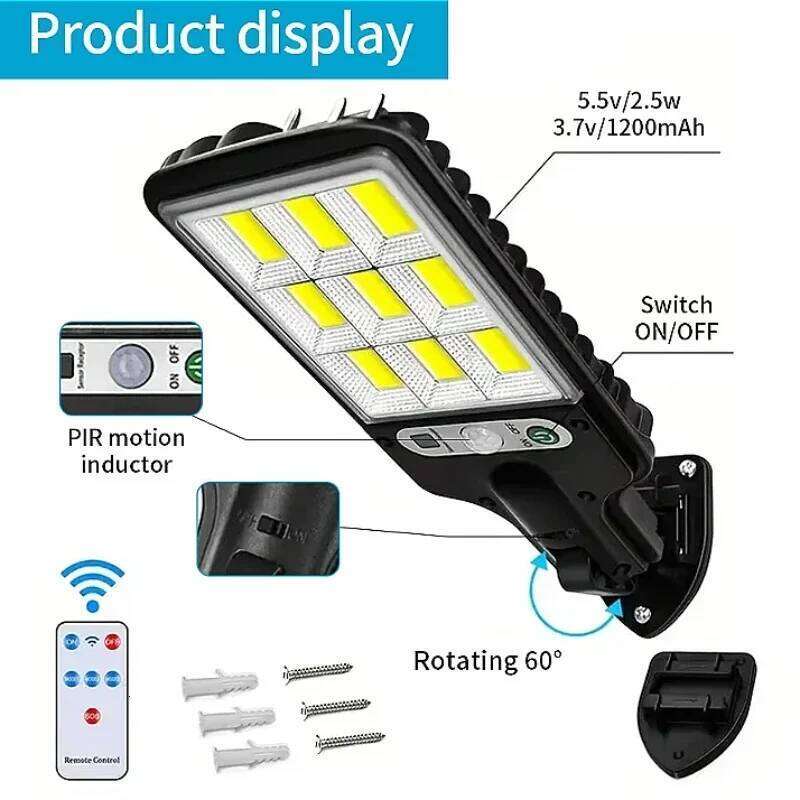 Outdoor Light with Motion Sensor Remote Control Solar Powered Street Lamp COB LED Security Lights Waterproof for Garden S260302