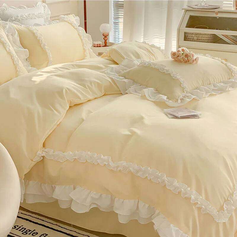 200X230Cm Korean Princess Lolita 4-Piece Solid Washed Cotton Breathable Bed Sheet Duvet Cover Bedding Set with Lace W260302