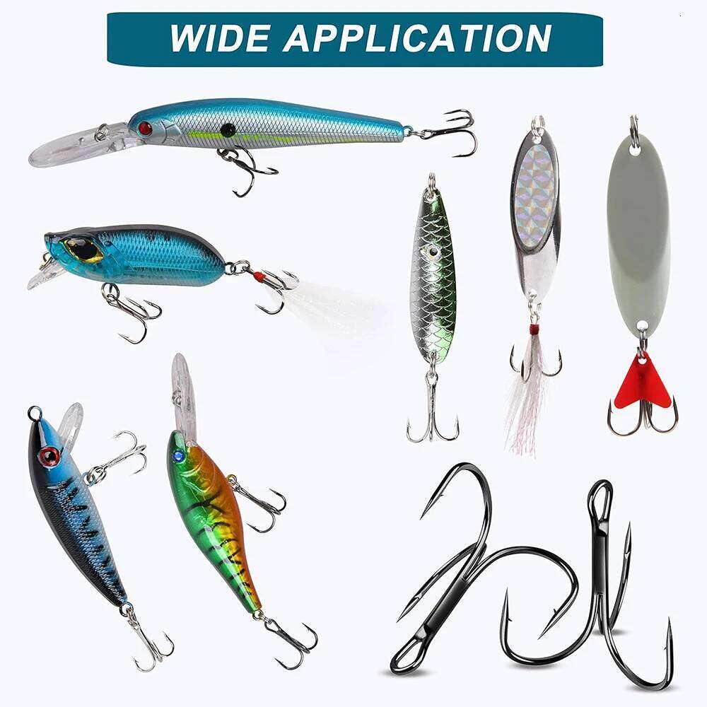 50Pcs Fishing Hooks Sharp Round Bend Barbed Treble High Carbon Steel Triple Hook for Bass Trout Saltwater Freshwater Z260228