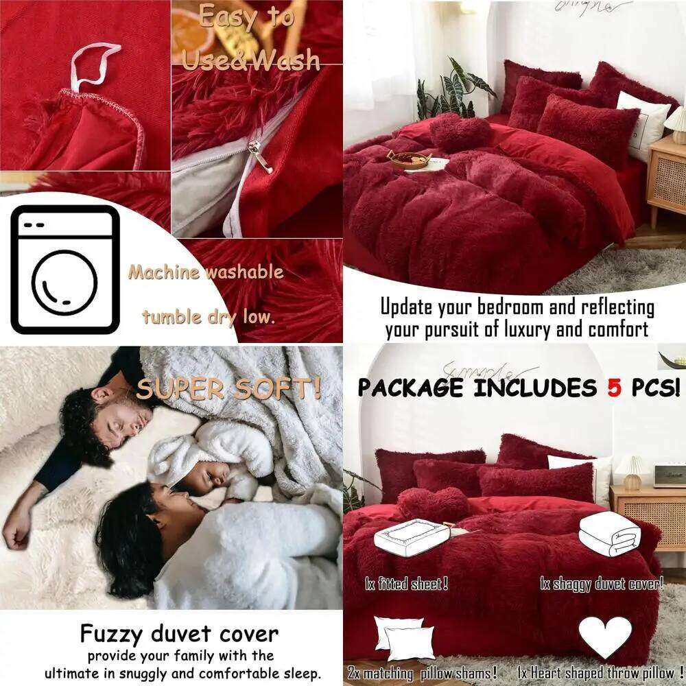 Red King Size Plush Shaggy Faux Fur Comforter Set with 5 Pieces: Velvet Quilt Cover, Pillowcases, and Fitted Sheets W260302