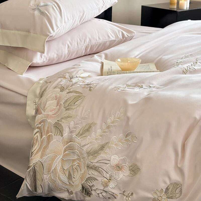 4 Piece Light Luxury Style Long Staple 100% Cotton Floral Embroidery Bedding Set Duvet Cover 200x230 220x240 Four Seasons W260302