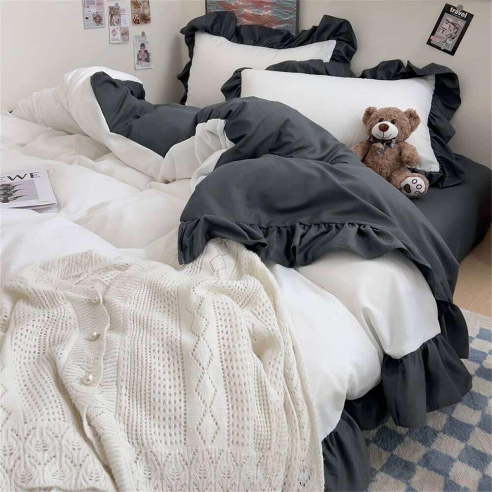 Princess Style Bedding Soft Solid Color Ruffle Duvet Cover Comforter Pillowcase Bed Sheet Washed Cotton Four Pieces Set W260302