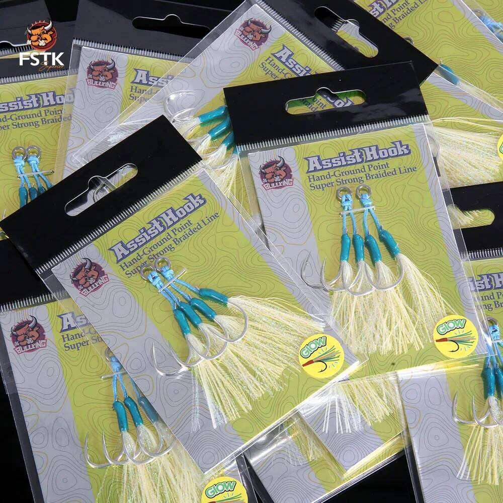 FSTK Metal Jig glow Feather Assist Hook12#13#14#High Carbon Steel epoxy glue Double hook Sea Fishing Hook Slow Jigging Z260228