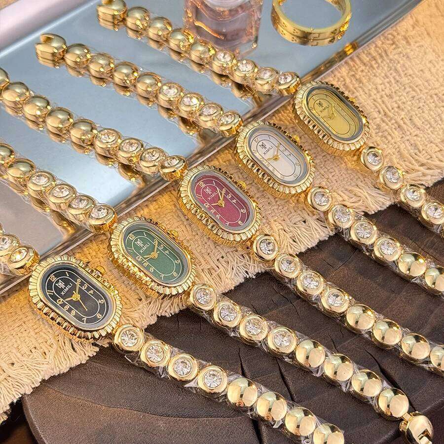 New Arrival Elegant Oval Shape Compact Gold Watch for Women Vintage Elegance Luxury Diamond Embedded Bracelet Quartz Wristwatch XJ260303