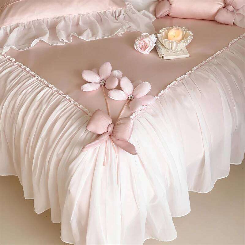 Flowers Bow Lace Ruffles Princess Wedding Bedding Set 1000TC Egyptian Cotton Duvet Cover Flat/Fitted Bed Sheet Pillowcases 4Pcs W260302