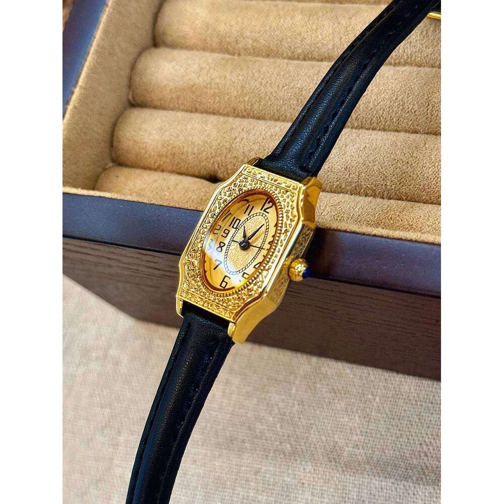 1 Piece of New Gold-Colored French Classic Retro-Style High-End Elegant Delicate Women's Quartz Watch Pu Leather Strap, Rectangular Engraved Dial