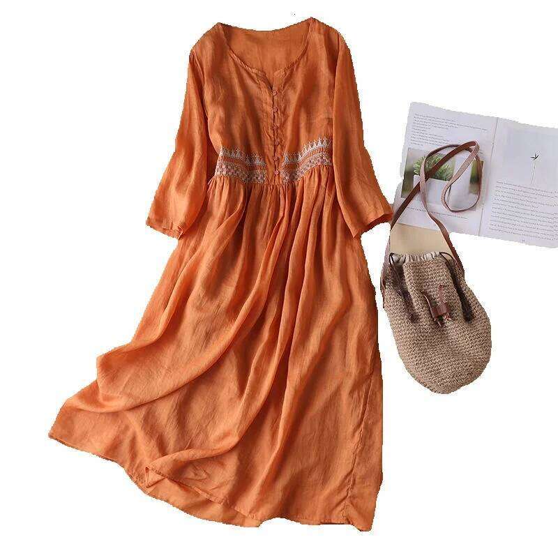 Mardi Hefxessdr Cotton Dress Lightweight Solid Color Dress Ethnic Style Embroidered Midi Dress with High Waist Long Sleeves Chinese style dress women&