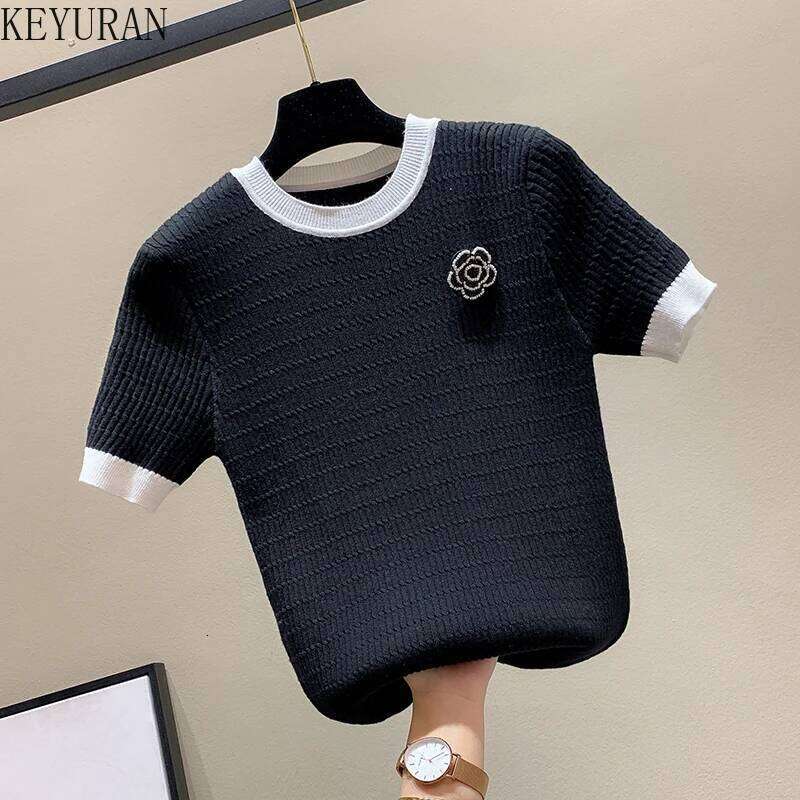 Beading Flower Thin Short Sleeve Sweater Women Knitted T-Shirt Korean O-Neck Office Lady Elegant Black White Pullover Jumper Top