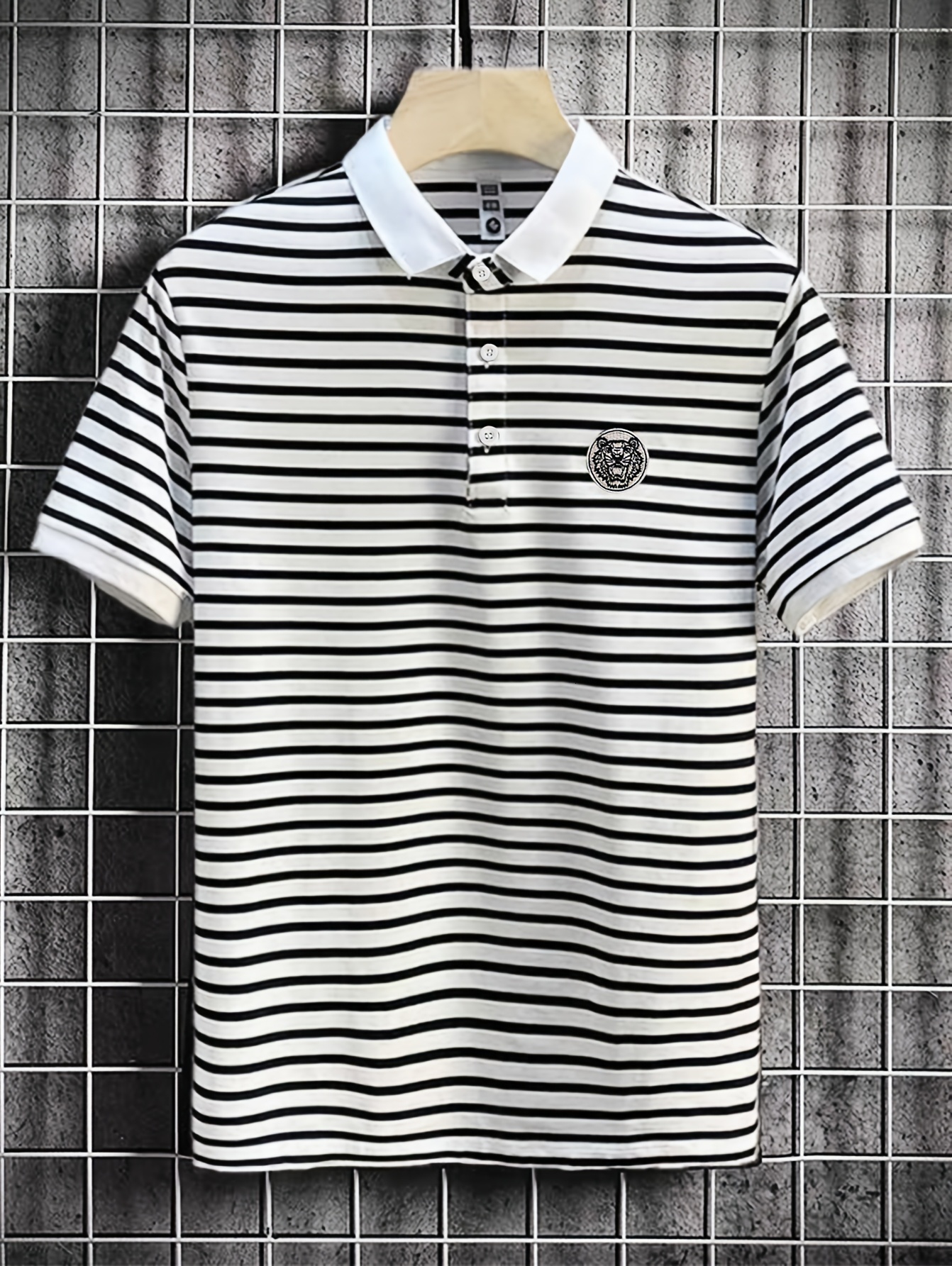 Luxury Brand Designer Clothes Embroidered Striped Short Sleeve Polo Shirt | Casual Skinny Fit Men's T-Shirt, Medium Stretch Fabric, No Belt, Anim
