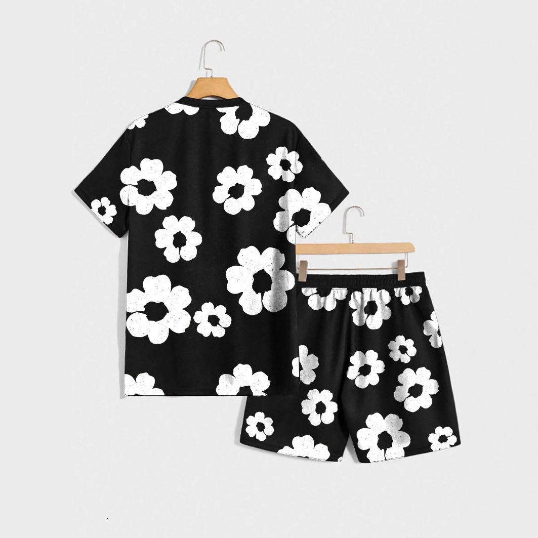 2026 Luxury Brand Designer Clothing Summer Men's Black And White Floral Print Short-Sleeve Shorts Set, Men's Casual Fashion Two-Piece Set