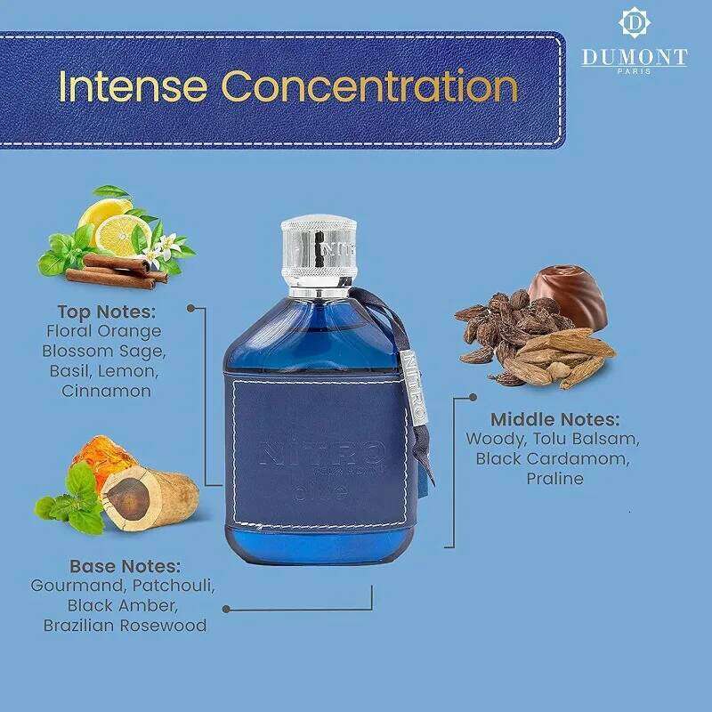 Dumont Nitro Blue Eau de Parfum Spray 100 ML Arab Perfumes Lasting Oriental Woody Pheromones Perfume 3.4 Ounce Cologne 26H0302