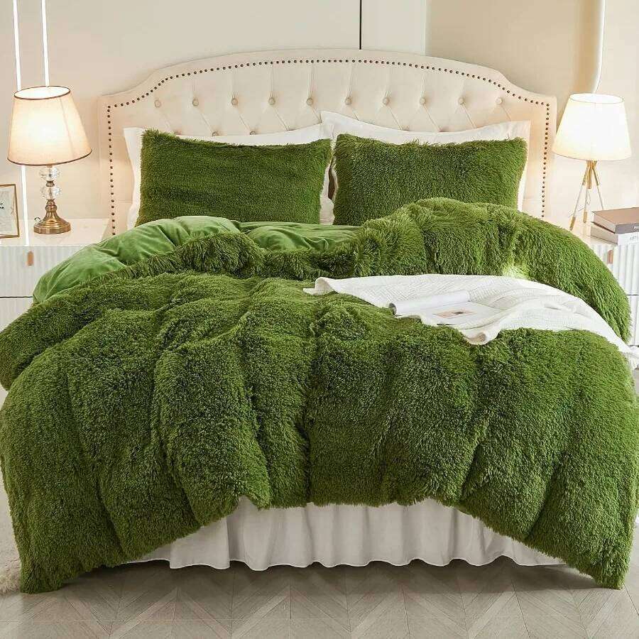 Size Luxury Fuzzy Duvet Set 3 Pieces Fluffy Shaggy Plush Soft Bedding Comforter Cover in Green for Queen Bed W260302