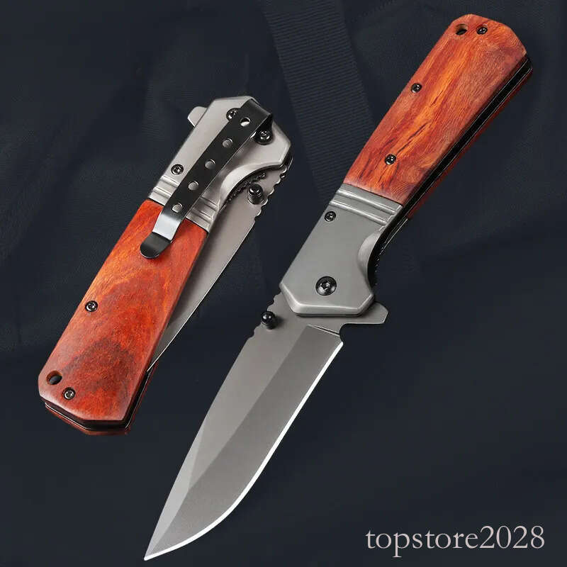 High Quality A228 Flipper Folding Knife 3Cr13Mov Titanium Coating Drop Point Blade Wood with Steel Handle Outdoor EDC Pocket Knives