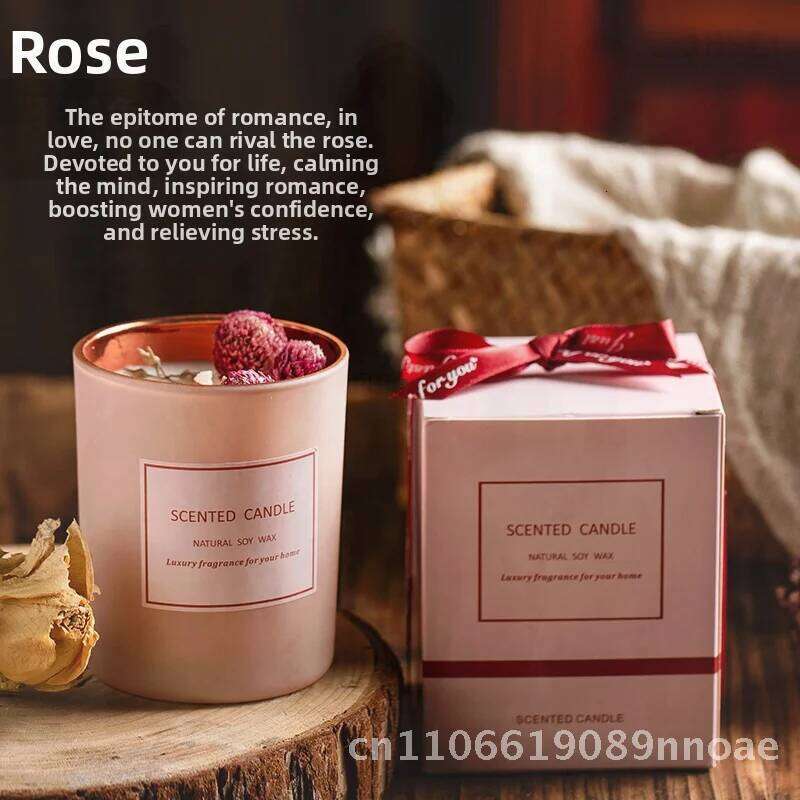 Pink Dried Flower Aromatherapy Soy Wax Cylindrical Scented Candle for Romantic Atmosphere Home Decor Earth & Rose W260303