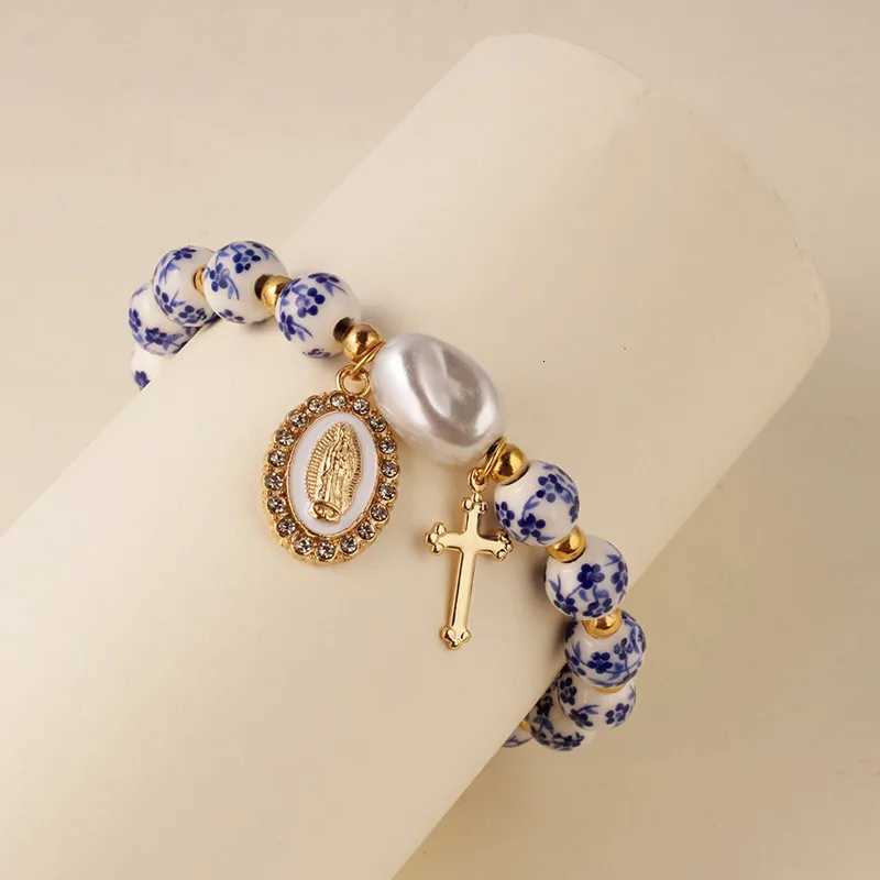 Ceramic golden beads Baroque pearl bracelet Virgin Mary and Jesus Charm Gift/Cross Jewelry/Christian Gift with Gift Box H260303