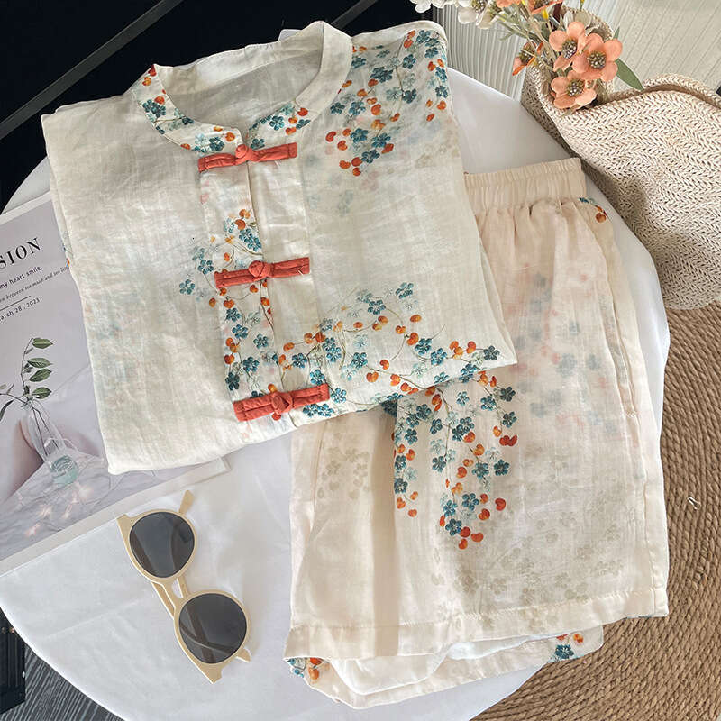 New 2026 Spring Summer Women's Chinese Sle Open Cardigan Coat Set Sun Protection Long Sve Loose Fit Printed Cotton Linen Summer shorts loose suit