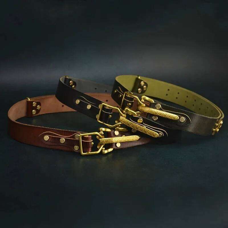 Handmade Pure Cowhide Littleton Cavalry Genuine Leather Belt, Personalized Vintage Brass Buckle Cowskin Knight Belts S260228