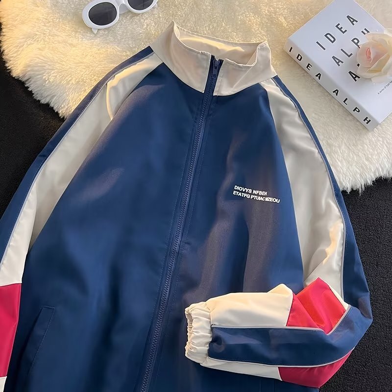 Color Block Jcket For Men Spring Nd Autumn Oversize Workwer Style Hoodless Designer Jacket Couple's Ntionl Trend Jpnese Stnd Collr Jcket
