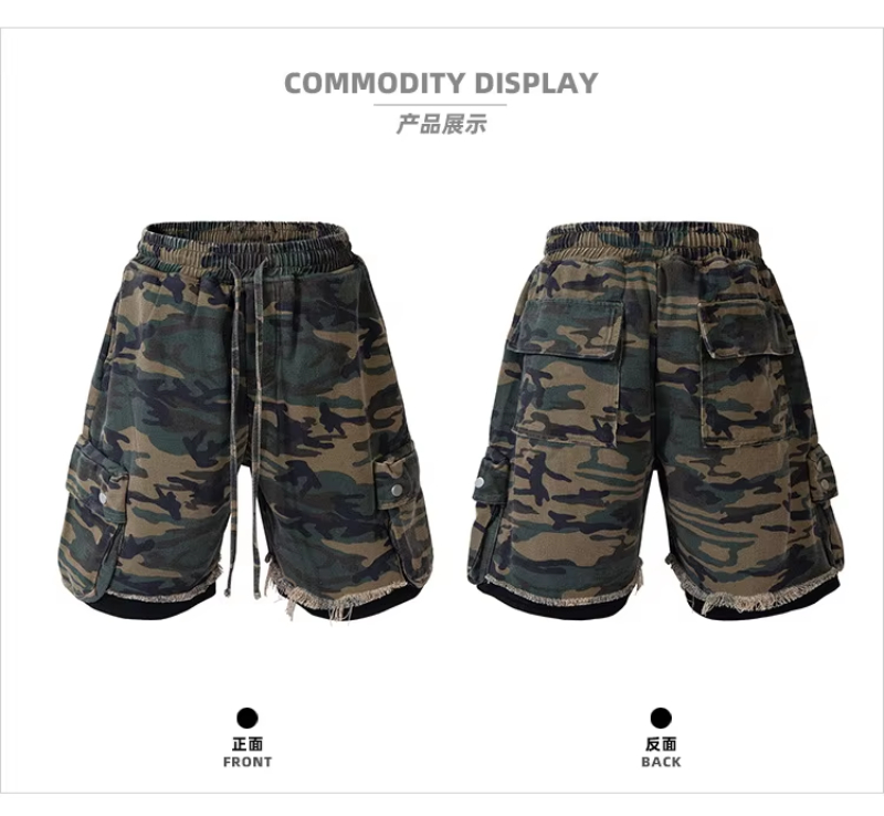 MIJKO Unisex Casual Camouflage Work Shorts Spring Summer Heavyweight Drawstring Splicing Design ZJ012