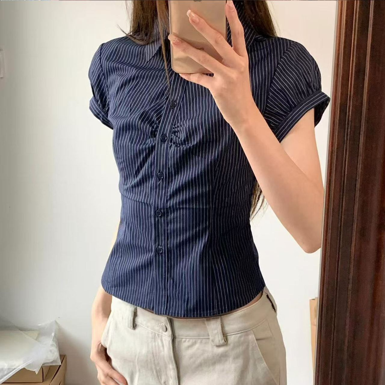 Plus-size American-style Trendy Polo Shirt Navy Designer Hoodie Blue Striped Off-the-shoulder Shirt For Women Summer Design Designer Shirt With A Slimming Waist