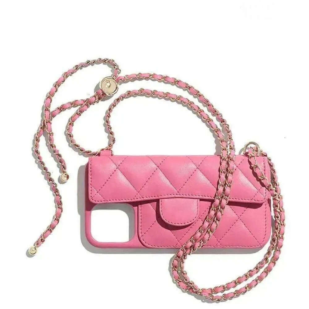 Phone Case Luxury Pink Quilted Leather Crossbody Chain Strap Wallet Card Holder For Iphone 13 14 15 Series