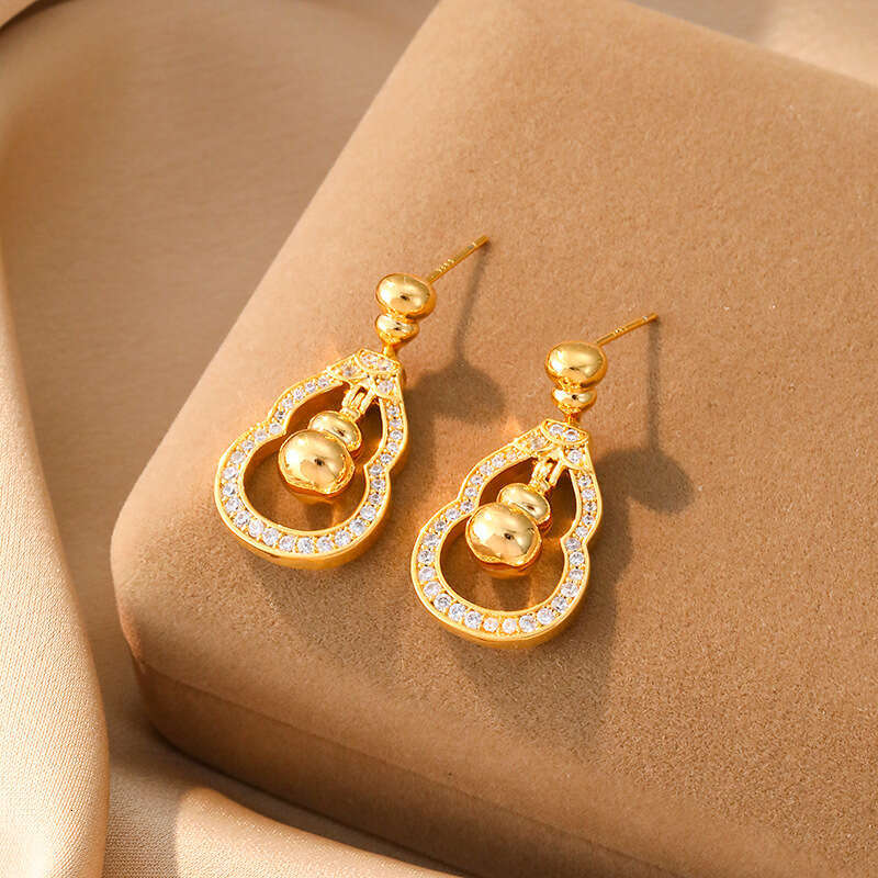 Chinese-style Hollow Gourd Pendant For Women Icro-inlaid Studs Fashionable Earrings