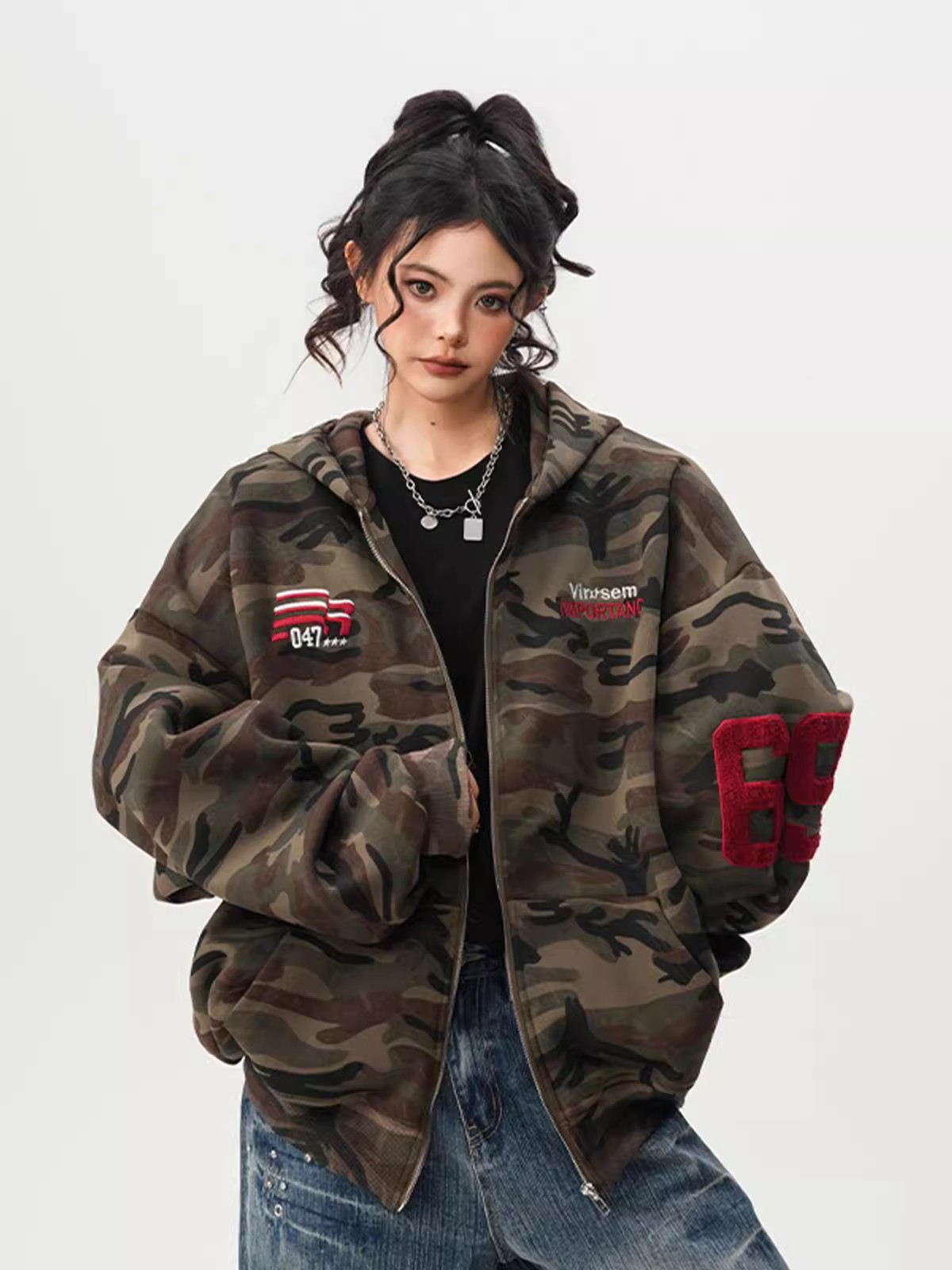 2026 New American High Street Camouflage Zip Up Hoodie, Unisex Couples Autumn Winter Vintage Streetwear Loose Casual Hooded Outerwear