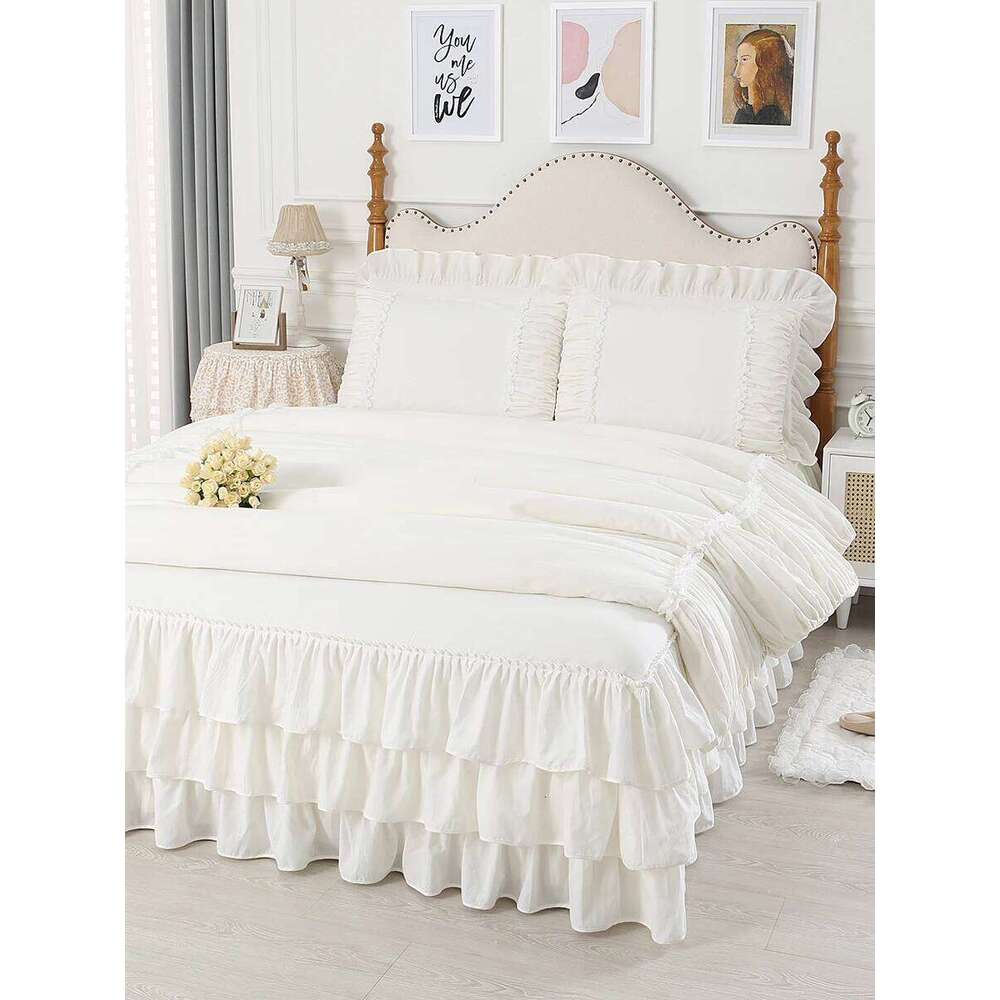 100% Premium Cotton Bedding Four Piece Set, Fairy Wind Lolita White Skirt Bed Sheet Quilt Cover, Ruffle Edge Duvet Cover Set W260302