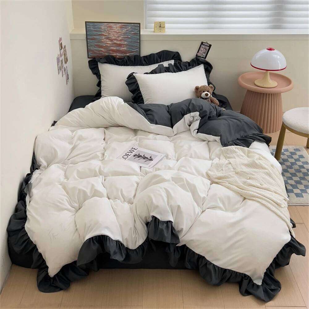 Princess Style Bedding Soft Solid Color Ruffle Duvet Cover Comforter Pillowcase Bed Sheet Washed Cotton Four Pieces Set W260302