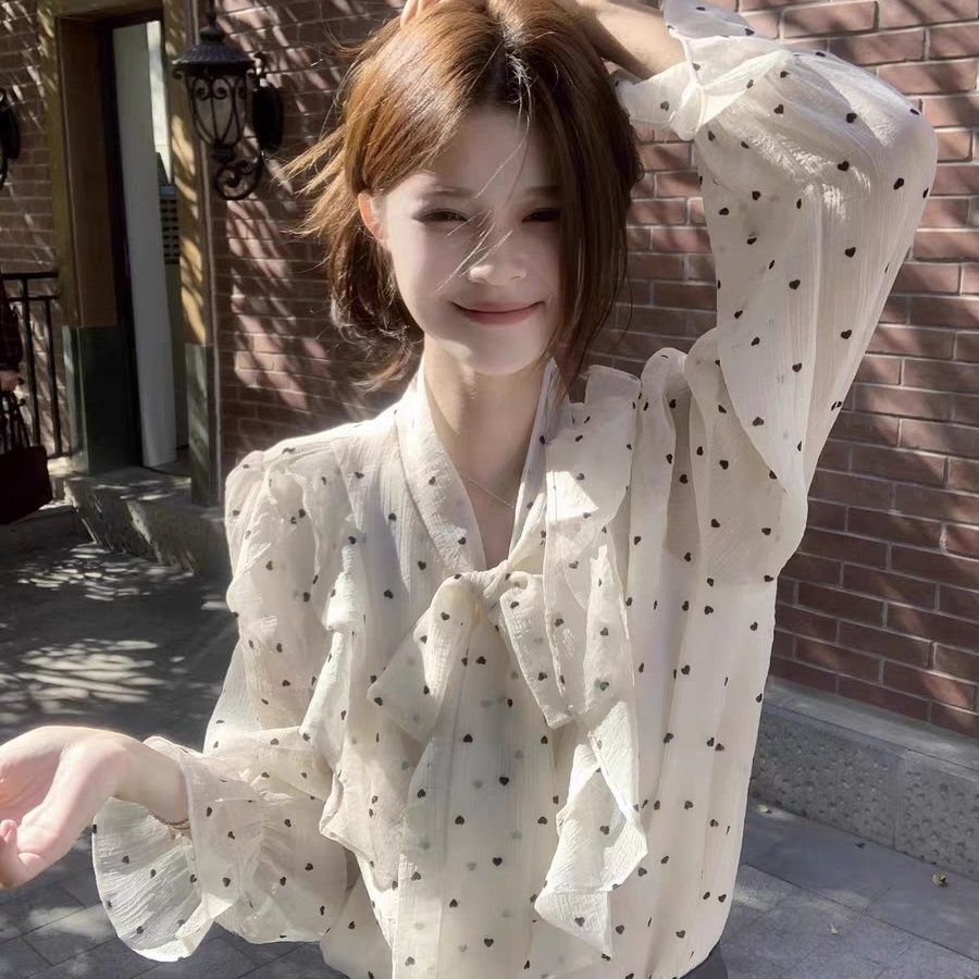 New French Ruffle Polka Dot Shirt For Women Autumn Polo Shirt Design With Tie Loose Designer Shirt Designer Hoodie And Unique Elegant Top