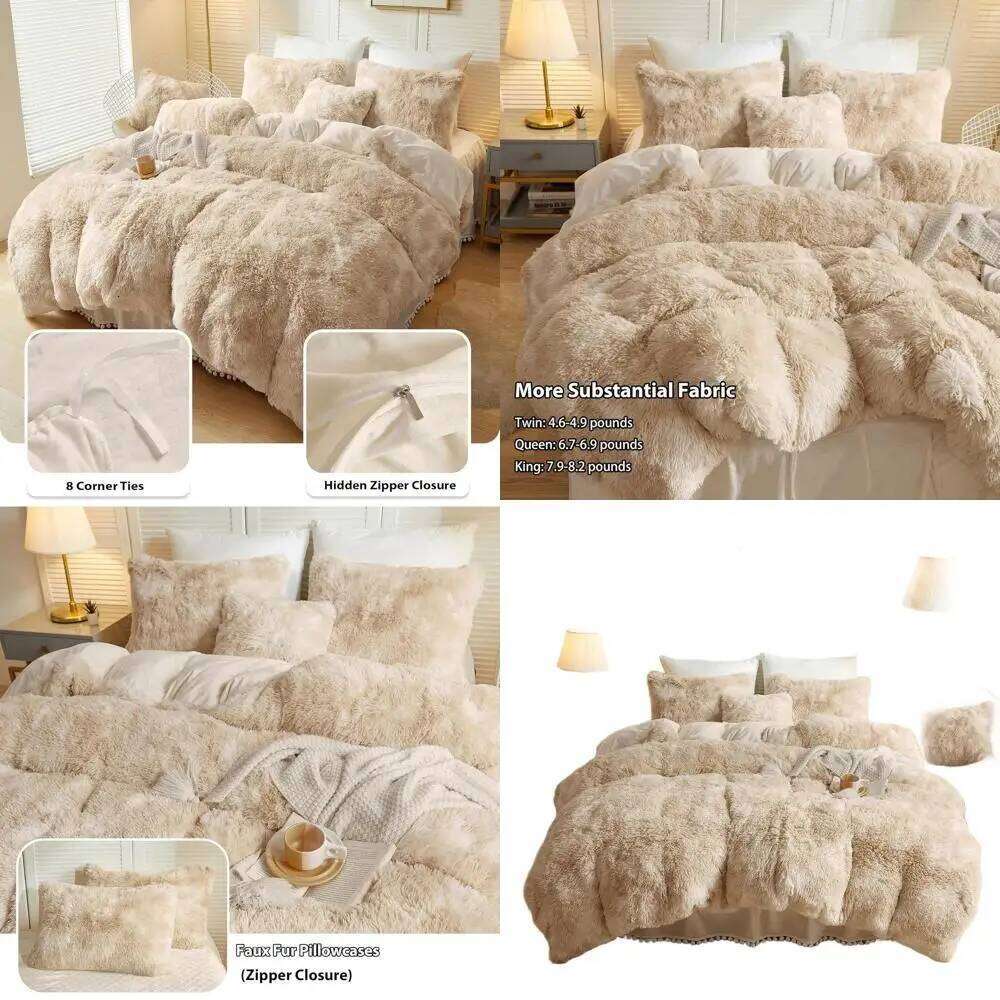 King Size Tie-Dye Plush Faux Fur Duvet Cover Set with 2 Pillowcases, Light Beige W260302