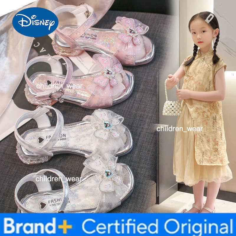 Disney 2026 Summer Princess Butterfly Leather Shoes Frozen Kids Bowknot High Heel Children Girl Glitter Shoes Fashion Girls Party Shoe H260303