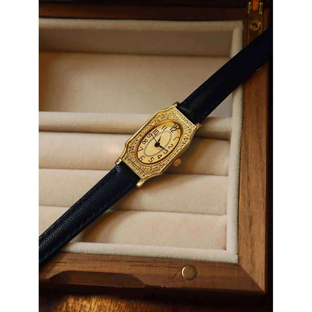 1 Piece of New Gold-Colored French Classic Retro-Style High-End Elegant Delicate Women's Quartz Watch Pu Leather Strap, Rectangular Engraved Dial