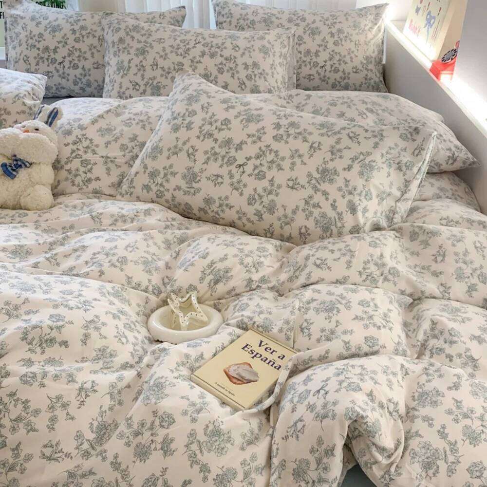 Class A Knitted Bedding Floral Style Linen Soft Double Yarn Four-Piece Quilt Cover Set Bed Sheets Gift for Home W260302 W260302