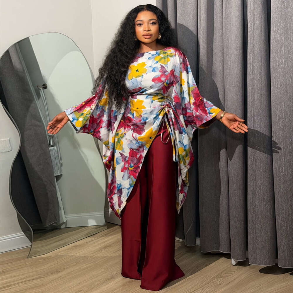 Amazon European And American Cross-Border 2026 Spring New Plus Size Printed Batwing Sleeve Wide-Leg Pants Set Elegant Casual Style