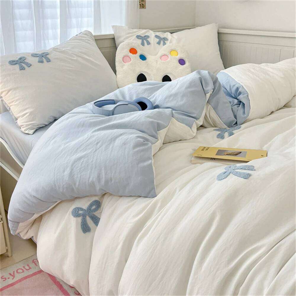 Ins Style Girl Blue 1.5m/1.8m Fitted Bow Towel Bedding Embroidery Washed Cotton Four-piece Set Bed Sheet Three-piece W260302