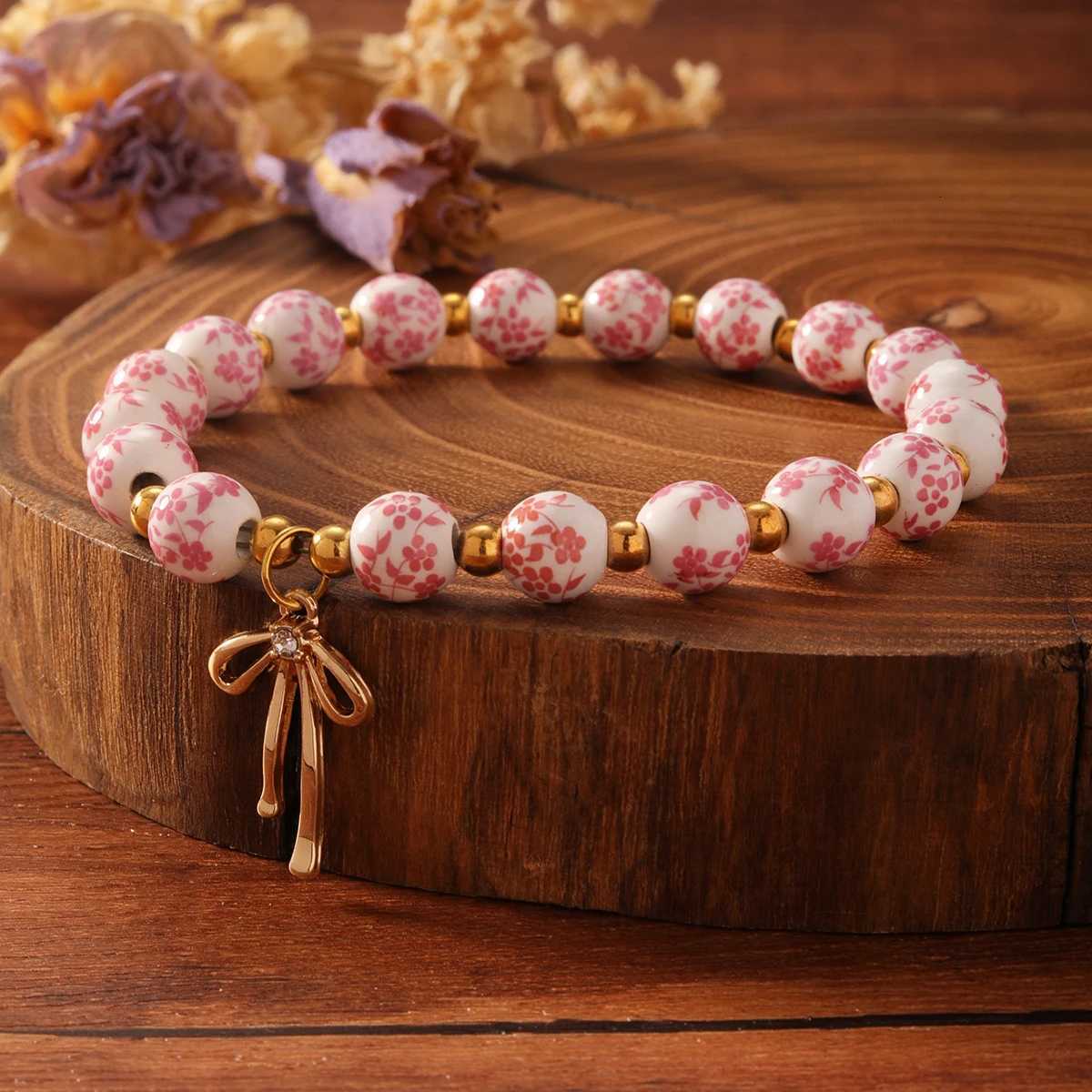 gold jewelry bow bracelets for women blue and white porcelain ceramics beaded bangles jewellery pulseras H260303