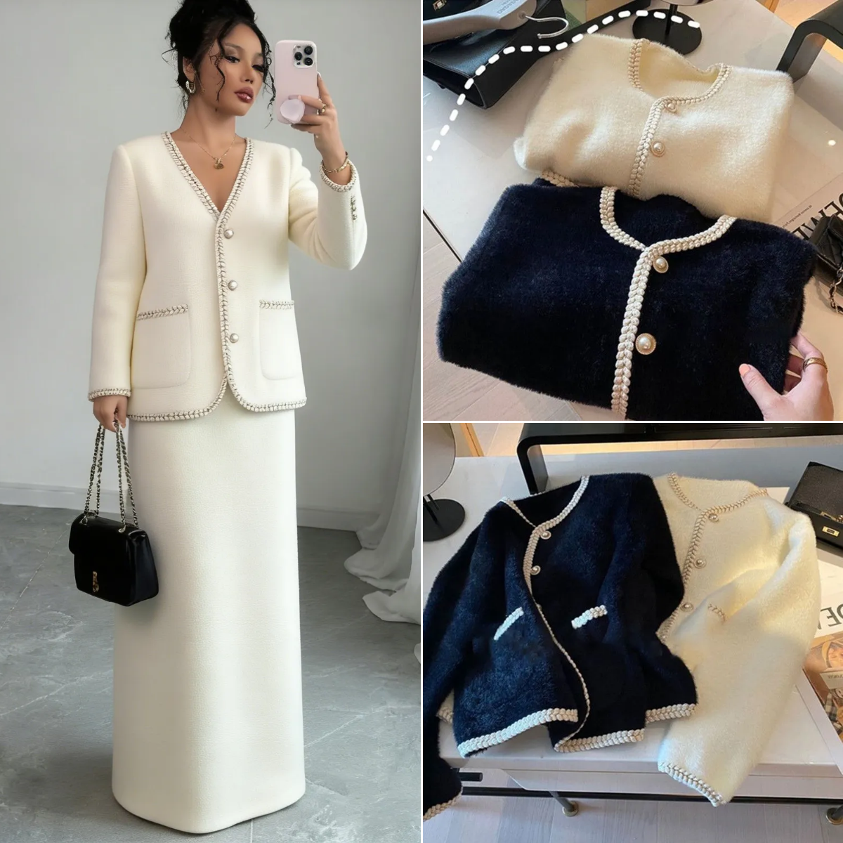 Women's Jackets Small Fragrant Wind Pearl Buckle Sweater Cardigan Spring And Autumn White Gentle Soft Milk Mink Velvet Knitted Coat M-3XL