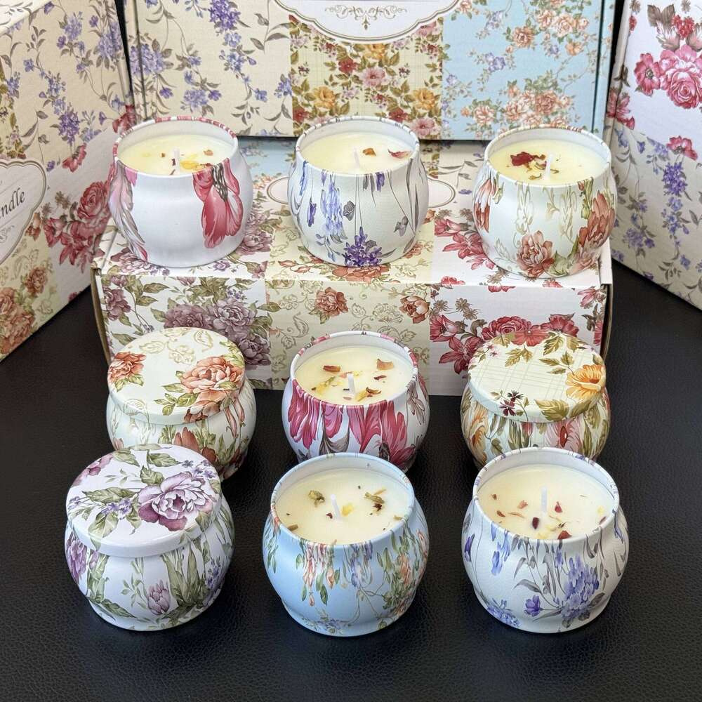 1 Box of 6 Tin Can Soy Wax Essential Oil Dried Floral Scented Candle Set Wedding Birthday Gift Home Decoration W260303