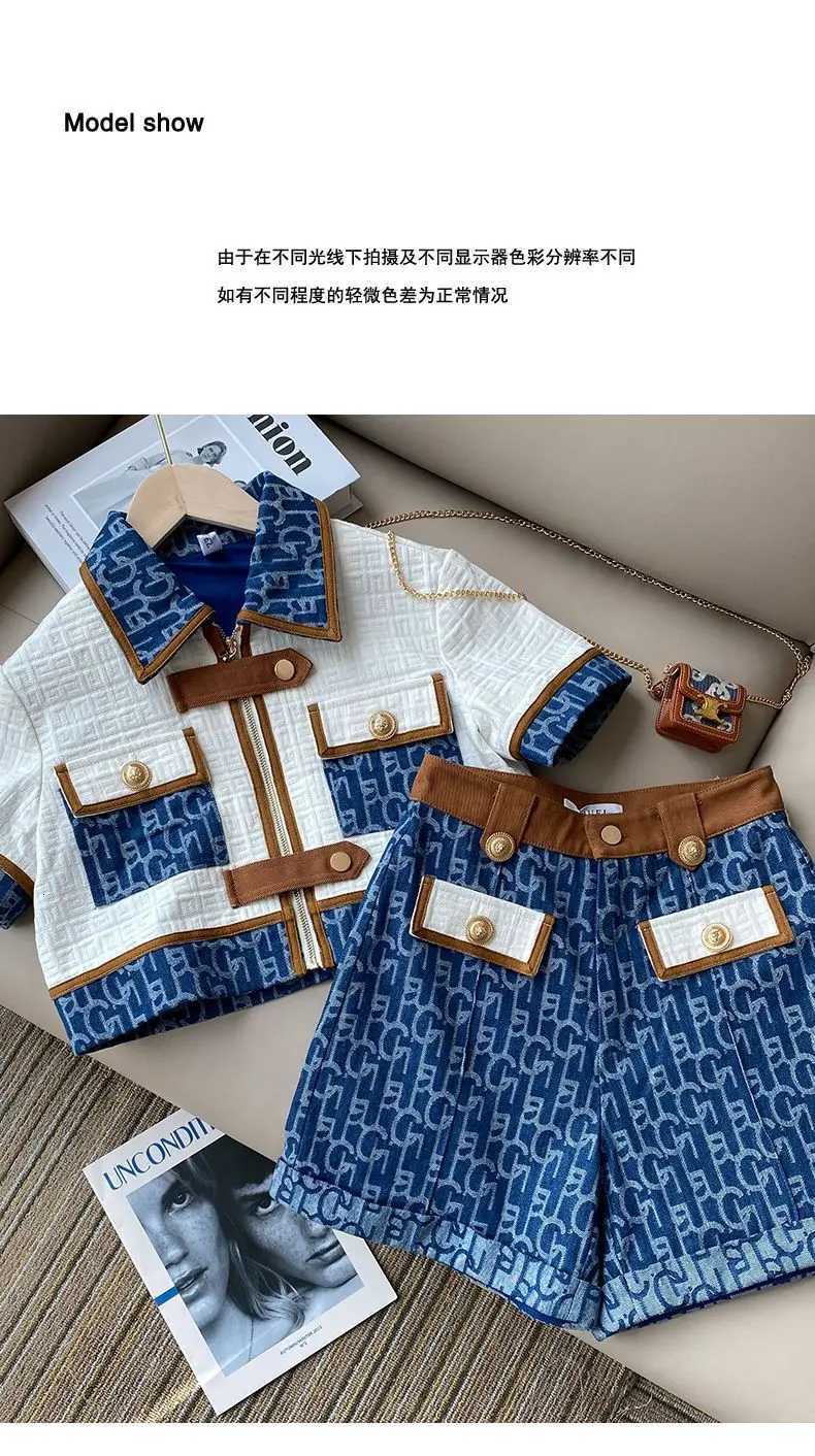 Blue Jacquard 2-Piece Set for Women Retro Monogram Jacket & Shorts with Brown TrimT260303 - view 6