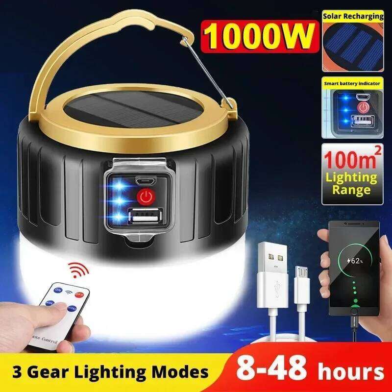 Solar Power LED Camping Lanterns Handheld Waterproof Outdoor Tent Light Rechargeable Floodlight Flashlight S260302