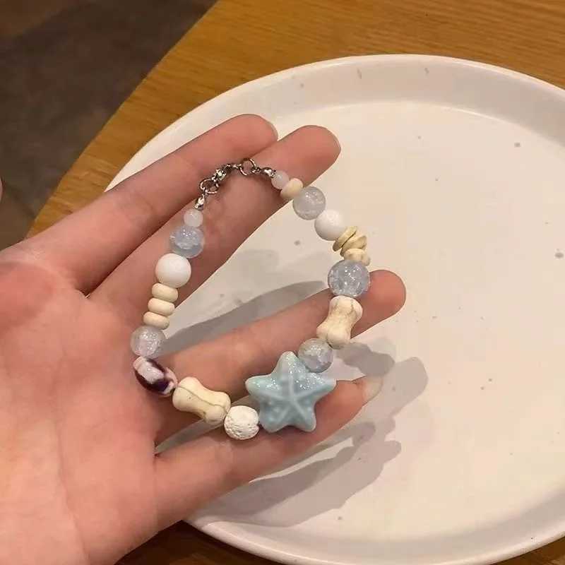 Korean Sweet Ceramic Starfish Bracelets for Women Girls Handmade Pink Blue Beaded Bracelet Aesthetic Y2K Jewelry Friendship Gift H260303