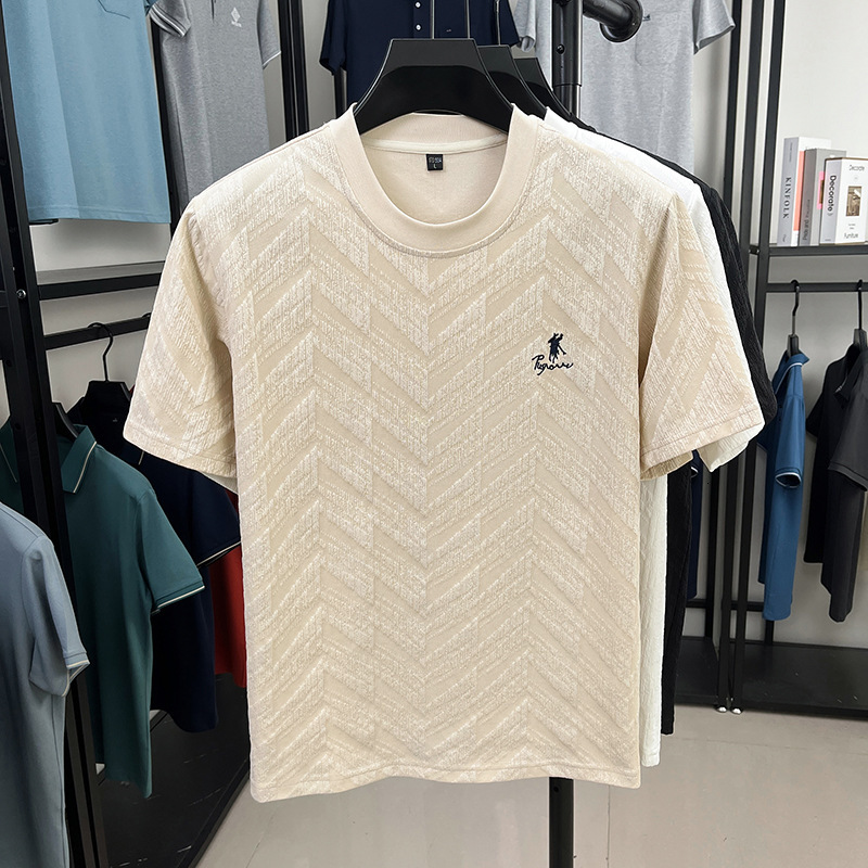 Luxury Brand Designer Clothes European Style Ice Silk Short-Sleeve T-Shirt For Men, Summer High-End Jacquard Embroidered Round-Neck Tee, Mature Men 