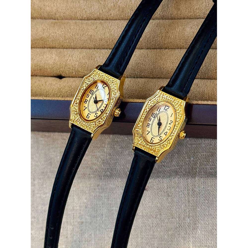 1 Piece of New Gold-Colored French Classic Retro-Style High-End Elegant Delicate Women's Quartz Watch Pu Leather Strap, Rectangular Engraved Dial