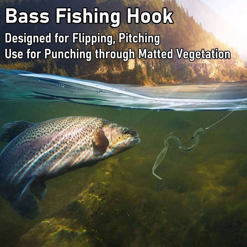 10pcs Flipping Hooks with Bait Holder Bass Fishing Long Shank Weedless for Soft Worm Texas Pitching Punch Shot Wacky Rig Z260228