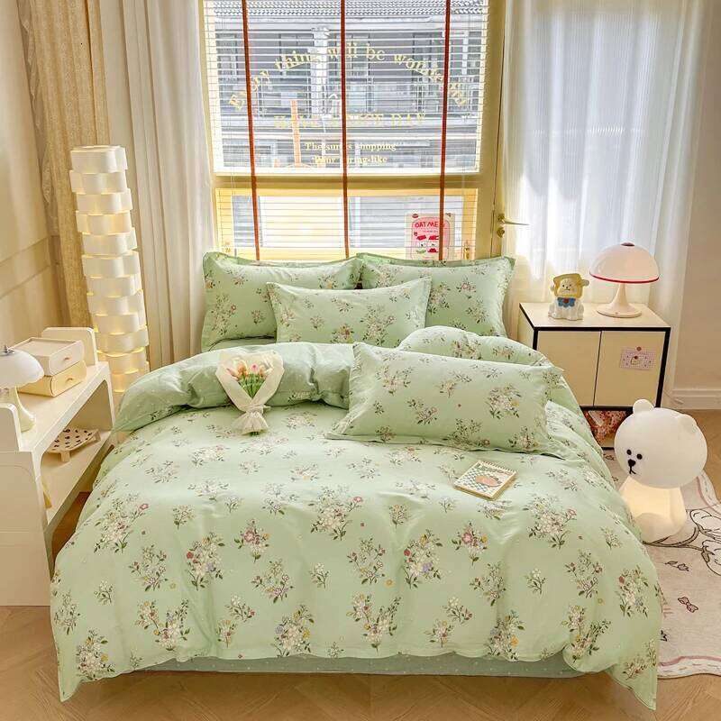 Chic Fresh Duvet Queen Soft 100% Cotton Floral Green Bedding Set with 2 Pillowcase Garden Botanical Comforter Cover W260302