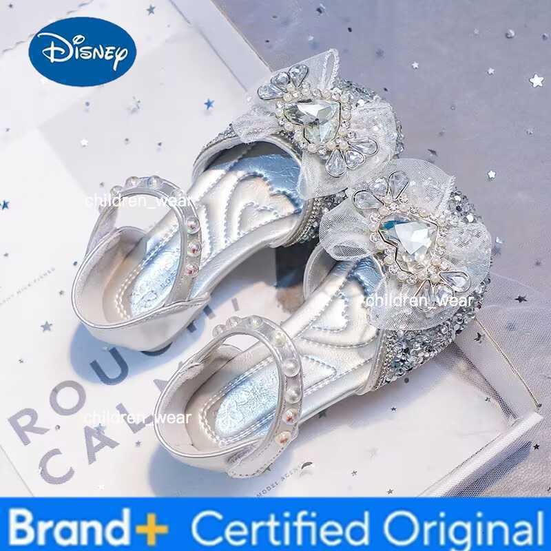 Disney KidsCasual Shoes Elsa Princess Frozen PU Leather Summer Shoes For Girls Sequin Bow Breathable Sliver Blue Purple Size 23-34 H260303