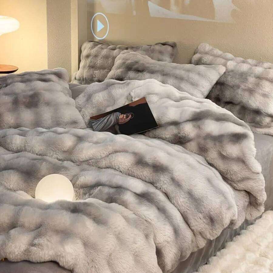 ZYFAB Fluffy Plush Shaggy Bedding 4 Pieces Super Soft Reversible Duvet Set with Thick Winter Comforter Cover and Bed W260302