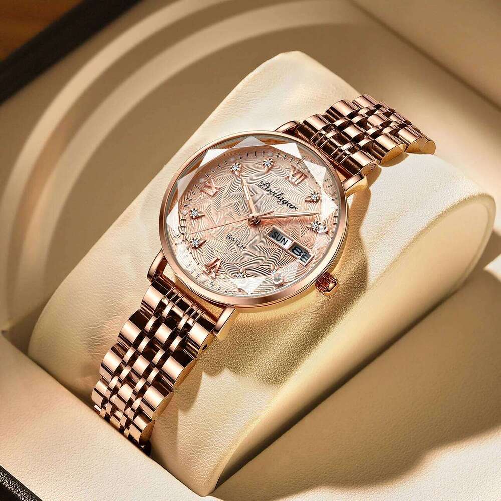 POEDAGAR Luxury Woman Wristwatch Stainless Steel Waterproof Luminous Date Week Ladies Watches Fashion Elegant Quartz Women Watch XJ260303