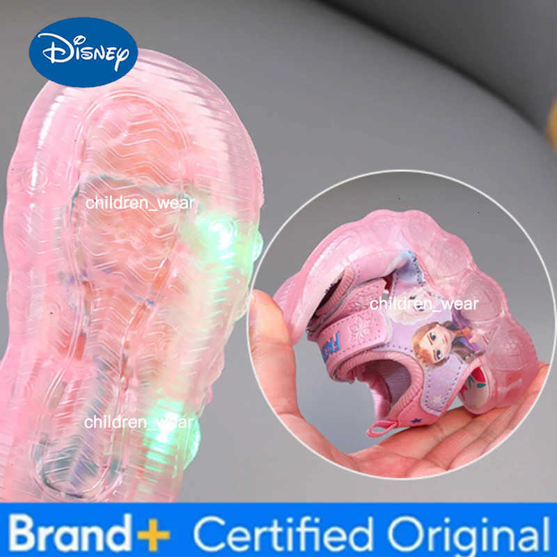 Disney Summer Girls Fashion Frozen Elsa Princess Led Light Up Luminous Sports Sandals Kids Non-slip Outdoor Sandals Toddler Shoe H260303